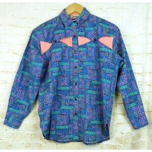 Banjo Vintage Shirt Mens M L Blue Neon 90s Abstract Cutout Western Button Up